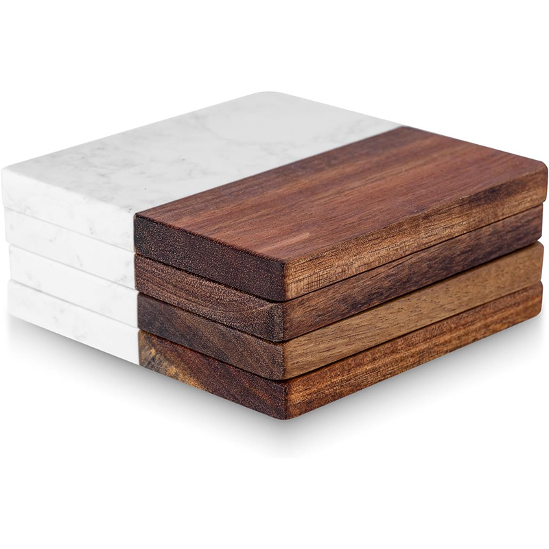 4Pcs Marble Acacia Wood Coaste - Marble Coaster Set 评论和价格