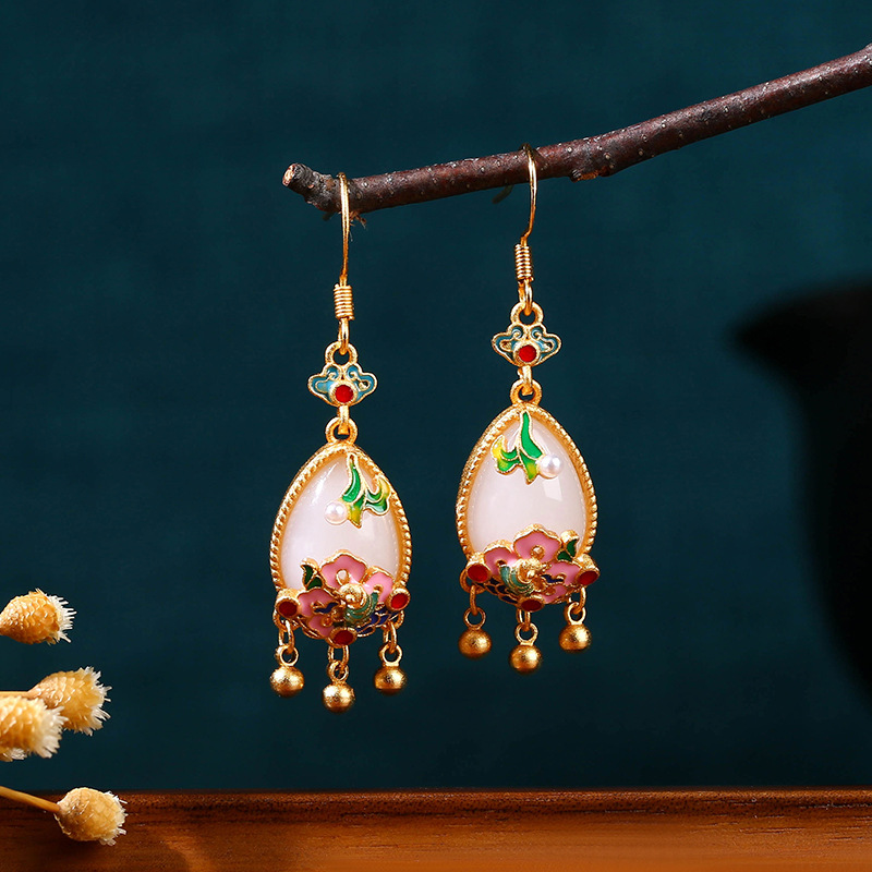 Natural Jade Flower Earrings C - Gold Plated Jewelry 评论和价格